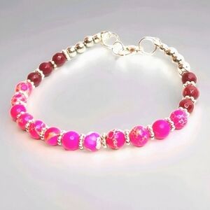 The Pink Sea Sediment Jasper, Ruby Beaded Silver Lobster Clasp Boho Bracelet 8"